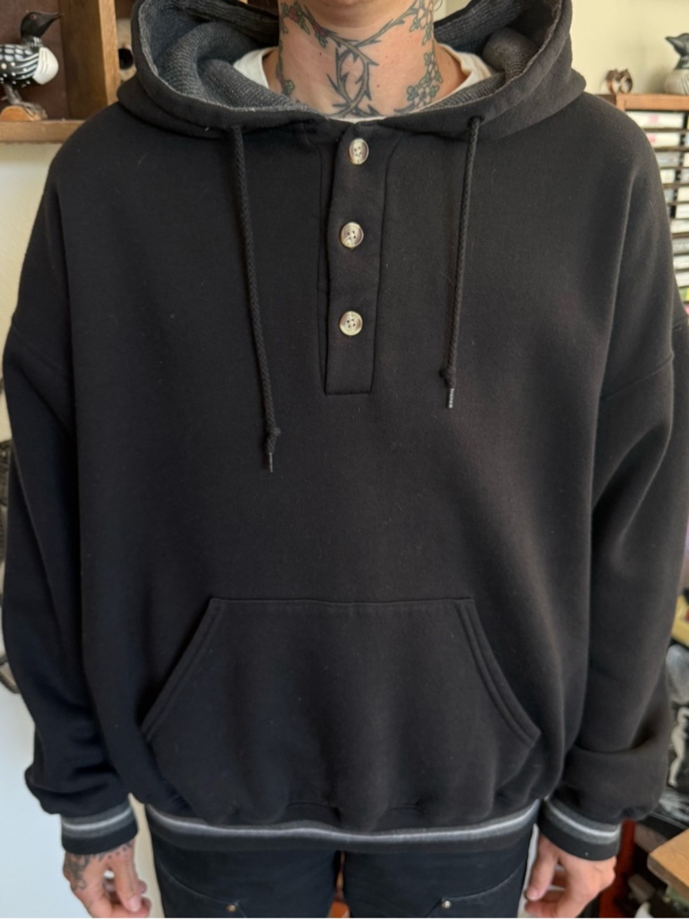 Vintage 90s 3-Button Black Thermal Hoodie ~ Size XL